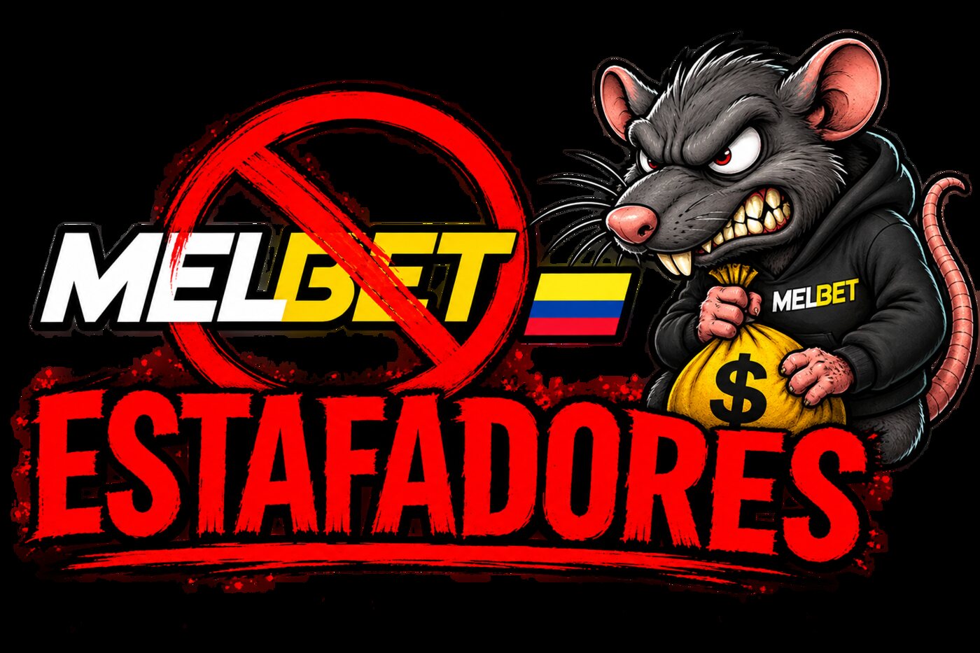 Cartel de denuncia: el logotipo de Melbet tachado con una señal de prohibido junto a la bandera de Colombia, la palabra «estafadores» y una rata con sudadera de Melbet agarrando una bolsa de dinero.